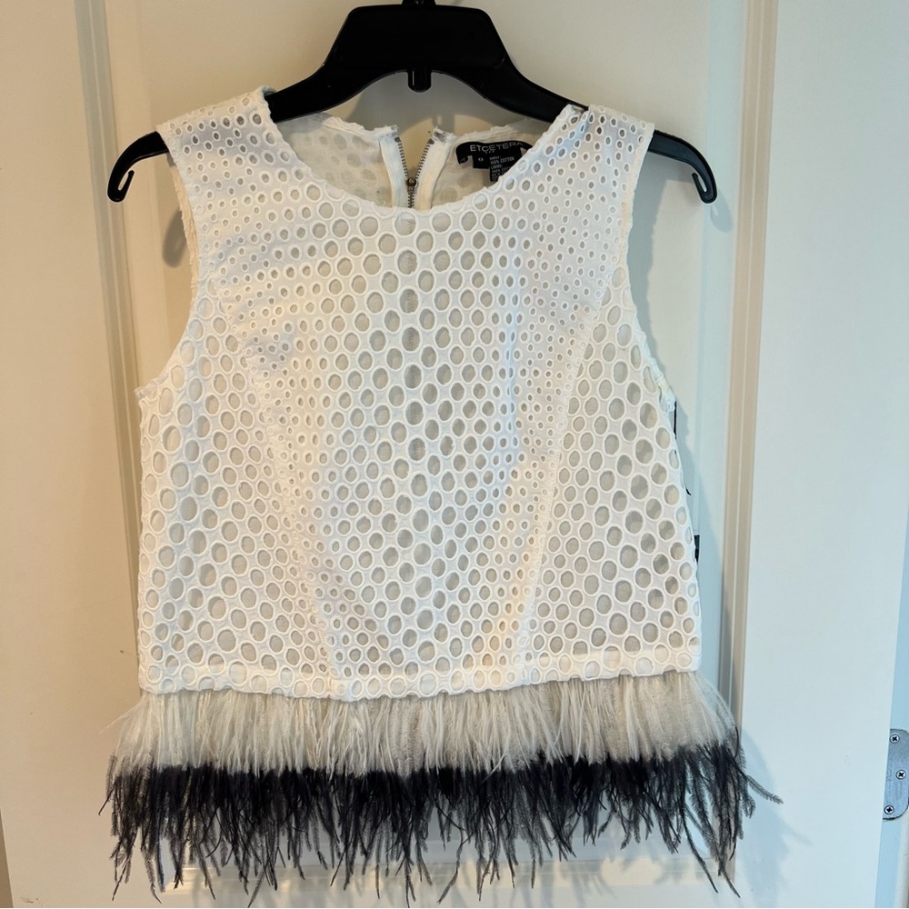 NWT etcetera white sleeveless eyelet top with black & white feather accents | 0